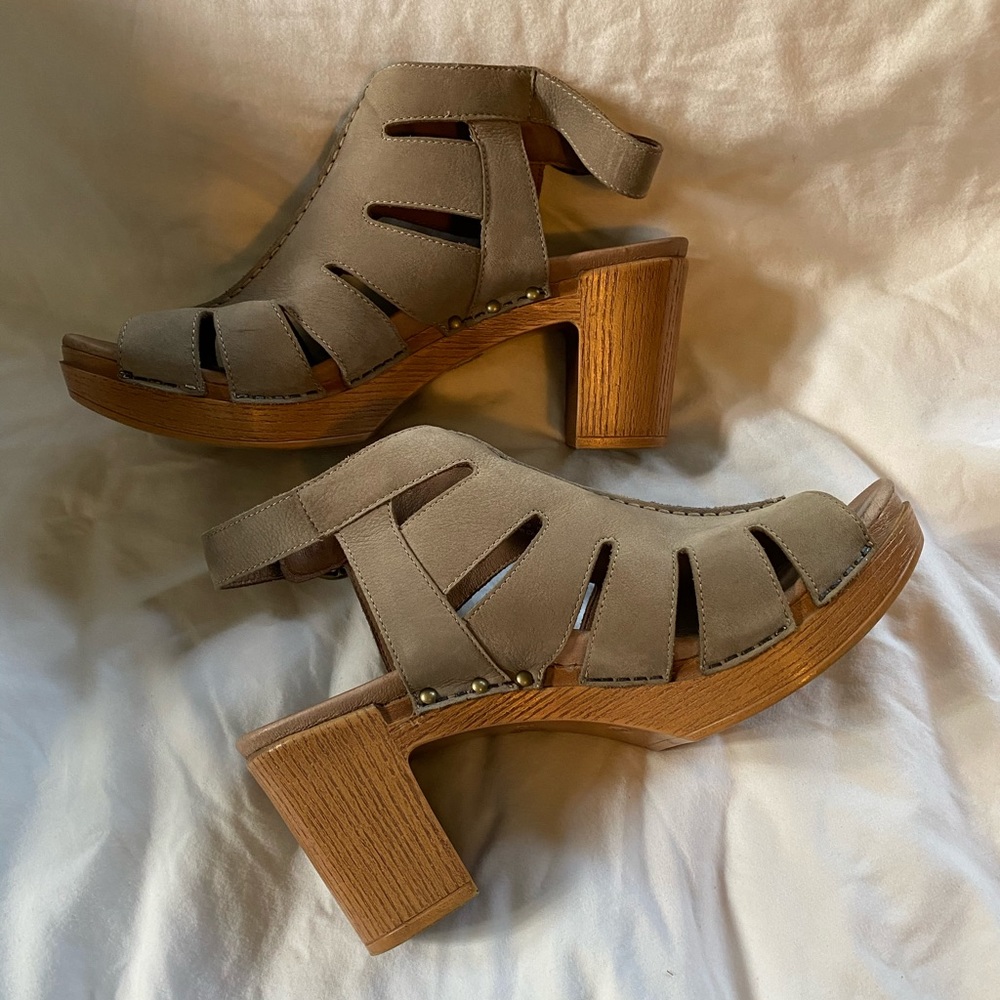 Dansko Taupe Leather Cutout Platform Sandals with Wood Heel